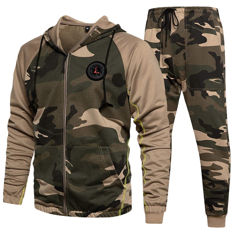 DUOFIER Men's Tracksuit Set Camouflage Sweatshirt Jogger Sweatpants Warm Sports Suit, Khaki-L - Image 1